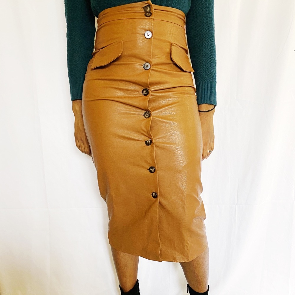 Brown vegan midi leather skirt